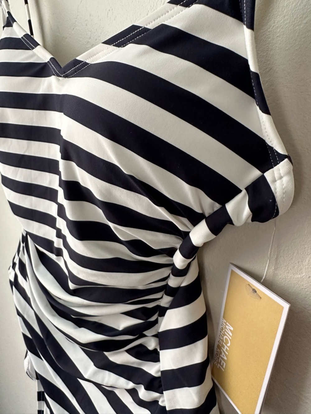 NWT Michael Kors Ruched Chain-Link One-Piece Swim - Navy/White Stripe Size 10 - Picture 8 of 9